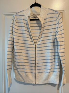 LOFT Cream and Light Blue Striped Zip-Up Cardigan